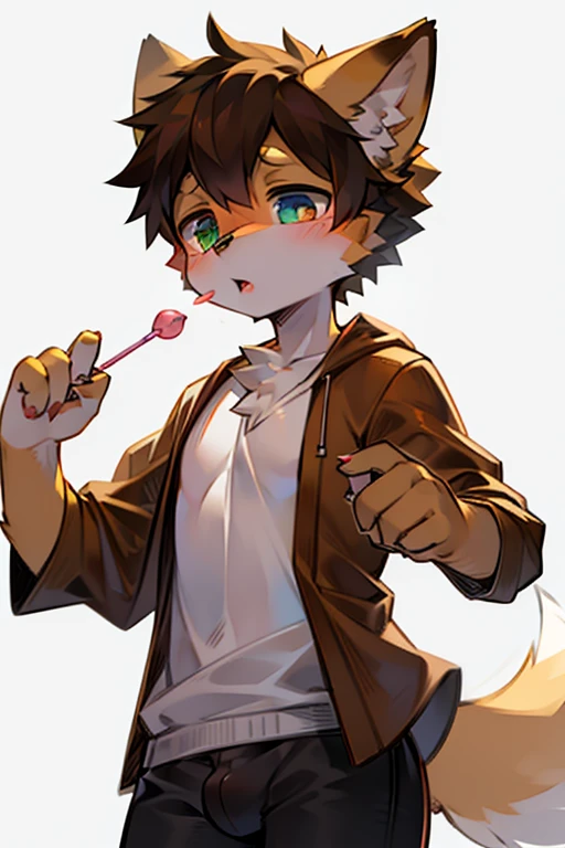 shota, Puppy, embarrased, with a lollipop, dogboy, heterochromia, big tail, caramel colored fur, vestindo roupa casal, fluffly, SFW