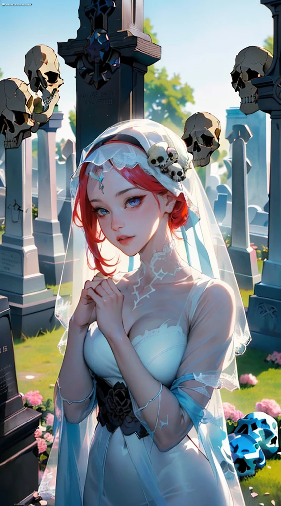 Anime - style image of a woman dressed in a white dress and a veil, Guweiz and Artstation Pixiv, (Guweiz and Pixiv Artstation:1.4), Ross Tran 8 K, WLOP RossDraws, WLOP and Krenz Cushart, (Style Ross Tran:1.4), Cushart Krenz Key Art Femenino, Fanart Mejor ArtStation,More detailed 8K.unreal engine:1.4,UHD,La Best Quality:1.4, photorealistic:1.4, skin texture:1.4, masterpiece:1.8,first work, Best Quality,object object], (detailed face features:1.3),(in the background a dark cemetery:1.4),(skulls on the ground:1.4), (hands:1.4)