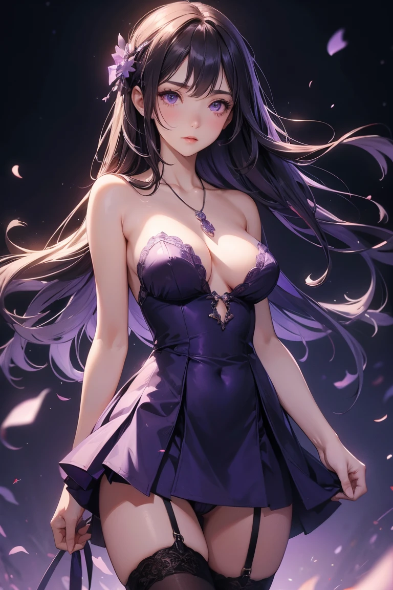 shoulder to shoulder dresser, best qualityer, high resolution, 1 girl, Super high resolution, standing alone, Stockings, purples eyes, , long hair, bangss,necklase, only panties, breasts showing
