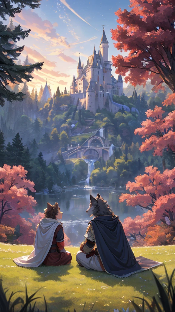 human nature((dramatic))epic, Dynamic poses, A scene in , 极端的视角与强大work, ridiculous, Perfect anatomical structure, A magnificent scene of battle between wild beasts, (ultra deTailed), Clear focus, Negi, Eye, black Eye, hairy, light white fur, Brown fur, White beard, human nature (Wolf), male, middle aged, Gray body, White belly, Tail, muscular, Knight clothing, red cherry long cloak, ultra deTailed face, Depth of Field, Motion Blur, high deTails, high quality, The award-winning, HD, 16K, (best quality,4K,8K,high resolution,masterpiece:1.2),ultra-deTailed,Practical:1.37,HDR,UHD,Studio Lighting,extreme deTail description,professional,Vibrant colors,Bokeh,Active atmosphere, nature lighting, clear and distinct, Soft tones, (Vibrant colors), (Soft lighting), (nature, Practical), (Peaceful atmosphere), (A calm mood), (breeze), (work), (Distant Horizon), (Ethereal Beauty), (Tranquil scenery), (Wonderful scenery), (Peaceful environment), (Calm atmosphere), (Impressionist style), (Amazing scenery), (Sublime beauty), (Timeless elegance), (Evocative atmosphere), (Magnificent views), (柔和Soft tones), (Peace and tranquility), (Sitting on the lawn:1.5), look up to the sky, (Castle in the distance:1.2), (nearby trees:1.4), (Beautiful sunset, Vibrant colors, Golden Light, Stunning scenery), (close up:1.3)