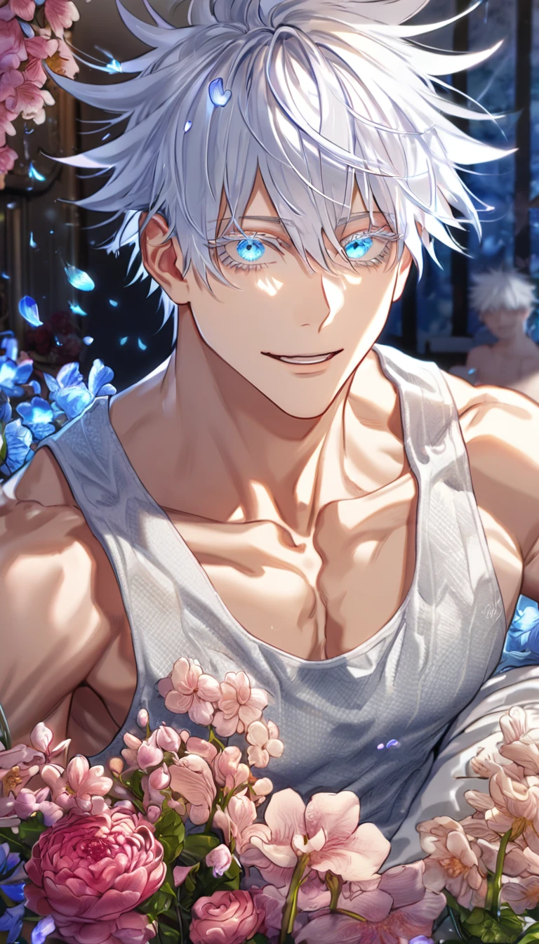 absurdres, highres, ultra detailed, HDR, master piece, Gojou Satoru, white hair with bangs, white eyelashes, expressive blue eyes, hair between the eyes, white tank top, toned chest, Jujutsu Kaisen, sexy man, room, handsome, best quality, flowers, fantasy, magical, solo, blue shining fireflies, blue petals, handsome smile, horny, sensual