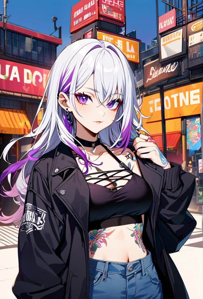 1woman, white hair with purple tips, purple eyes, wearing a casual black jacket, purple caged bikini top, blue jeans,tattoos on arms, colorful tattoos