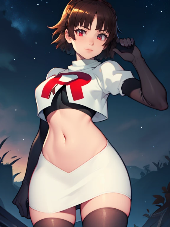 makoto nijima, blunt bangs, braid, brown hair, crown braid, (red eyes:1.3), short hair, team rocket uniform, red letter R, white skirt,white crop top,black thigh-high boots, black elbow gloves,evil smile, looking at viewer, cowboy shot, sexy pose, night sky background