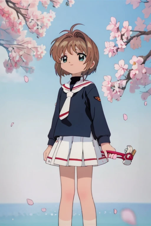 masterpiece, highest quality,High resolution,cute, anime, cute,Sakura Park,A boy wearing a uniform skirt, Age: 7 ,Are standing,Short Bob Hair,maroon brown hair,Dark colored uniform skirt,Putting on socks,Wear school-issued pumps,Happy expression,Soft atmosphere, Beautiful background,Looking into the camera,Cherry petals are scattered,Decorate with cherry blossoms,Navy blue blazer with white trim,Dark red tie with diagonal stripes,There is nothing above the head