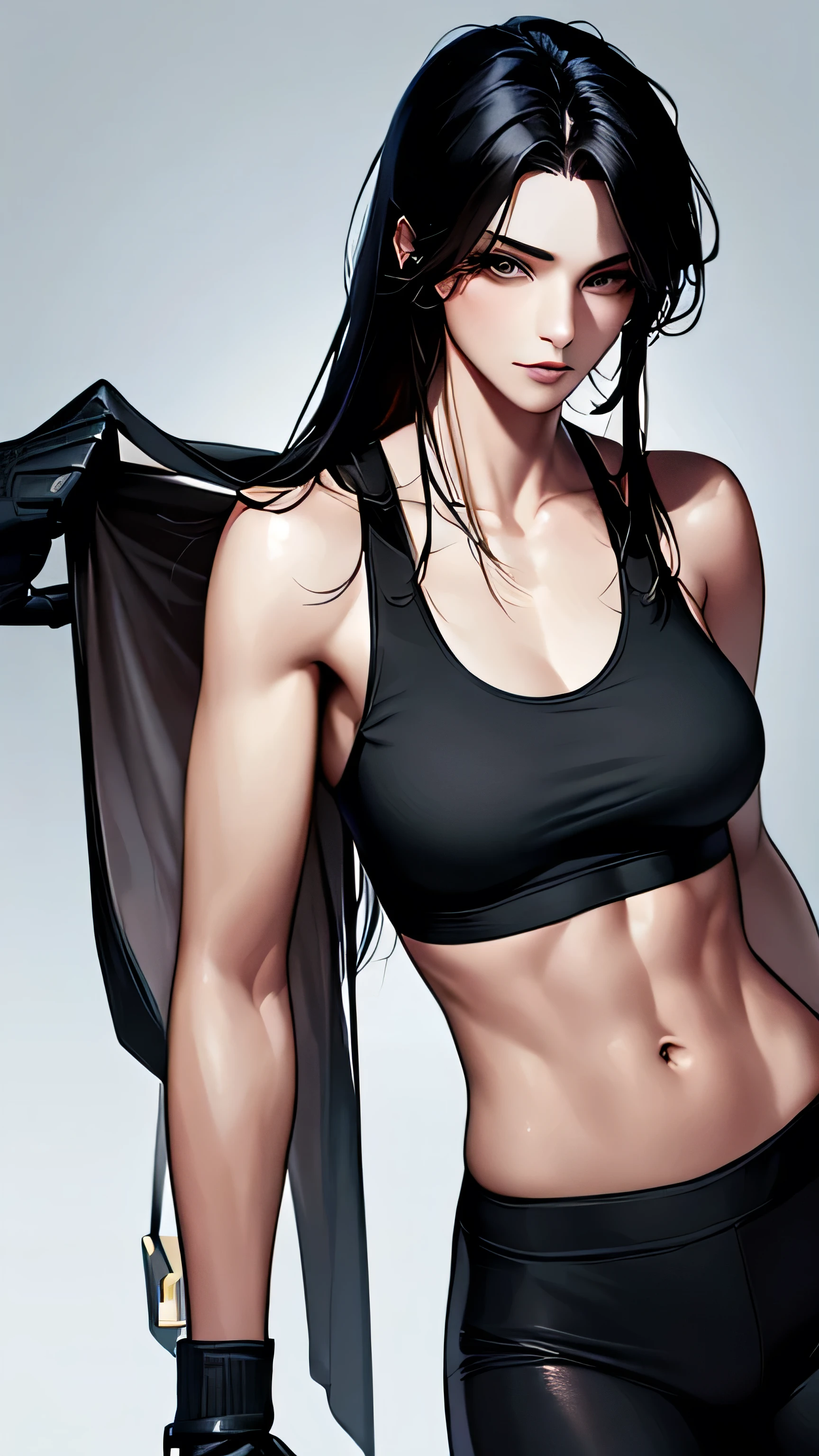 1 girl, 23 years old, long black hair, handsome face, sports bra, toned,muscular,long black pants, boxing gloves, high quality, masterpiece