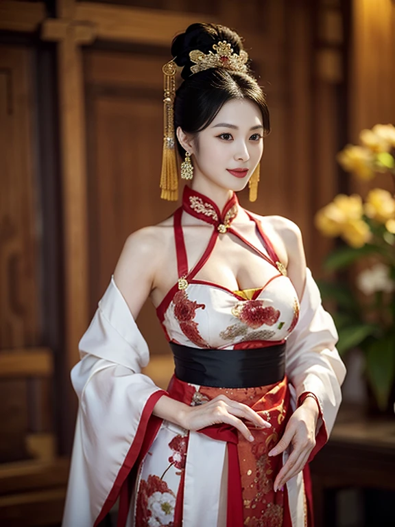 Front view, standing pose, looking at viewer, Chinese, 30 years-old, One of the three most beautiful women in the Chinese, A beauty known all over the world, (light Black hair, beautiful lip, smile, earring ), (big breasts, slender whist, wide hip ) ,(Silk Chinese clothing ,background wear color is white, Royal clothing, Chinese shoes ), in Chinese haven, (masterpiece, highest quality, High resolution, Photo realistic, sharp, RAW Photos, 8k wallpaper, perfection, Professional Lighting, Very detailed)