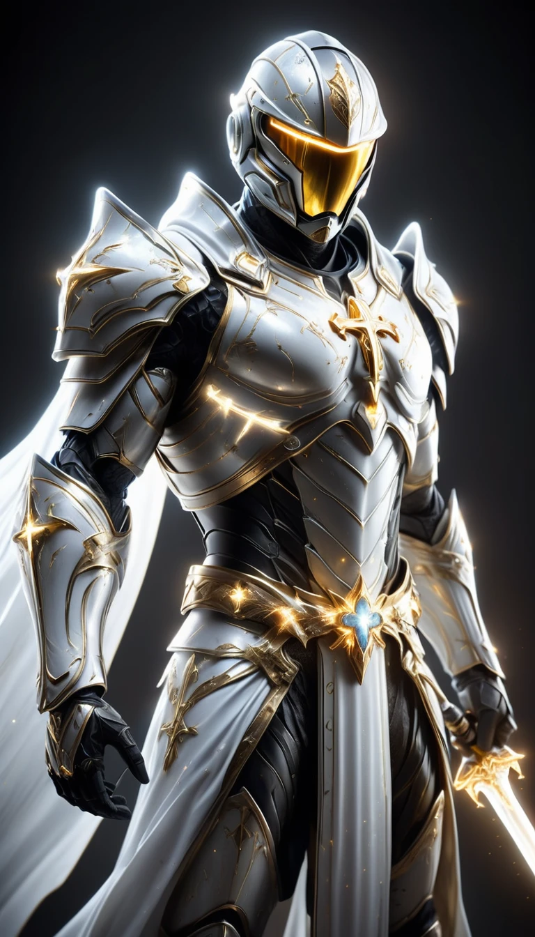 Masterpieces, male, Holy white Knight, (white and silver armor) Action style shot, Glowing silver colored Christian cross on chest made of a large gem on chest (Battle Priest in a warframe and halo style armor wielding a glass sword with radiant gold light, emanating potent gold light magic.), (action shot: brandishing radiant glass sword), (white, silver and crystal color scheme), (5 gems on belt), (large Christian cross on chest and abdomen), (gold magic effects), (silver half cape), white and silver tabard (solid gold color background), (gold magic background effects), centered, full body shot fighting, sci-fi knight, Halo master chief, vibrant colors, visible figure joints, cinematic shot, volumetric lighting, intricate pattern detail, highly detailed