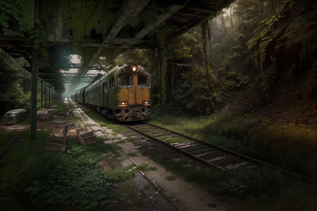 There is a train running under a bridge in the woods, abandoned railroad, an abandoned rusted train, abandoned railroads, Overgrown environment, Overgrown place, Post-apocalyptic atmosphere, an Overgrown, Overgrown, vegetation inspiration, Overgrown city, abandoned, Realistic dark concept art, dieselpunk train station, post apocalyptic scene, Post-End Day Setting