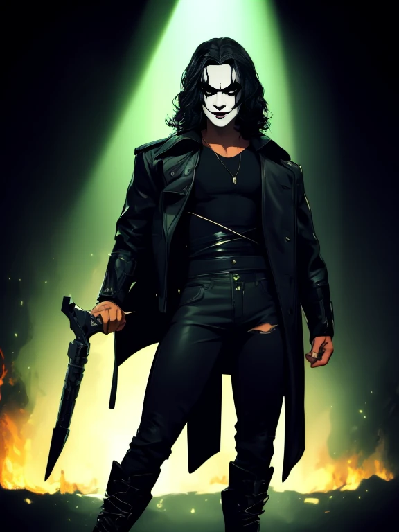 A cinematic poster of the character "The Crow". Close-Up Face. The character in the middle of a dark street, with a bright green light shining on him. (( The Crow V.IT Face, White face with black makeup )), The background is black with smoke. Wearing a The Crow Costume. The character is wearing a black 
overcoat, jeans, and black boots. He has long black hair and wears black makeup. DETAILED FACE, intricate.
Realism: The generated art should be realistic and highly detailed.
Lighting: The lighting should be cinematic, with a bright green light shining on the character.
Background: The background should be black with smoke.