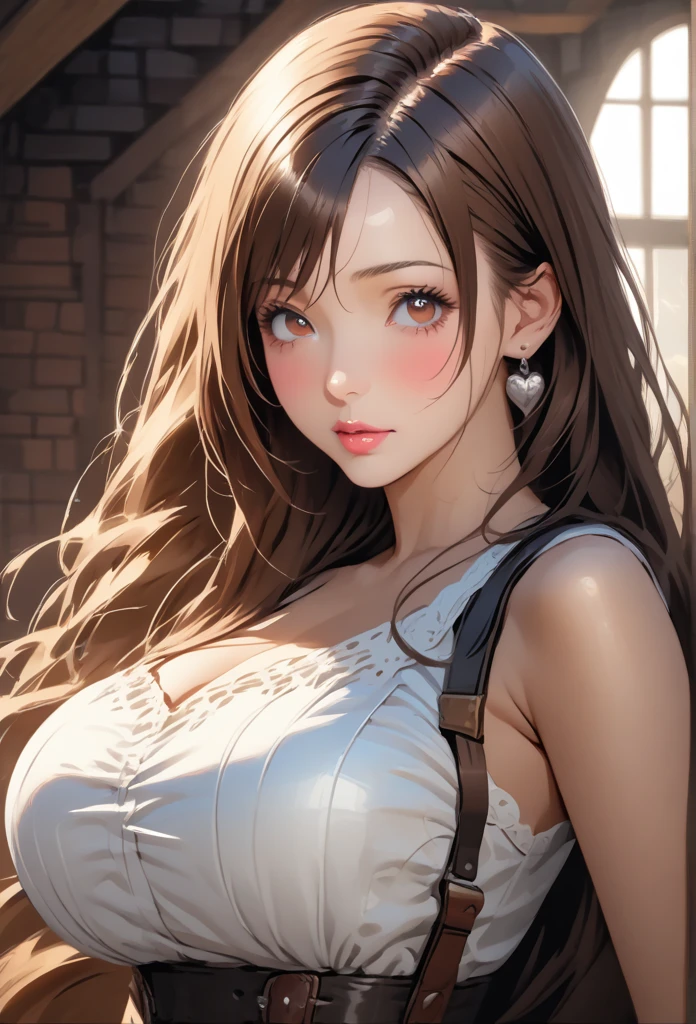 score_9、score_8_up、score_7_up、One girl、Hyperrealism Style、Photorealism Style、Real、Big Breasts:1.2、lips、Upper Body、Long Hair、Gazing at the audience、blush、bangs、Brown Hair、Brown eyes、Narrow eyes、Earrings、fixed、No fixes、（TifaがBlowjob）、Tifa（FF7),((Tifa ロックheart))、Huge penis with visible veins、testis、sense of awe、Perfect Eyes、Penis Focus、heart、Breast compression、Blowjob、blush、Detailed eyeature Woman、High resolution、high quality、最high quality、masterpiece、HDR、Volumetric lighting、Highest production valueasterpiece、Beautiful Face、