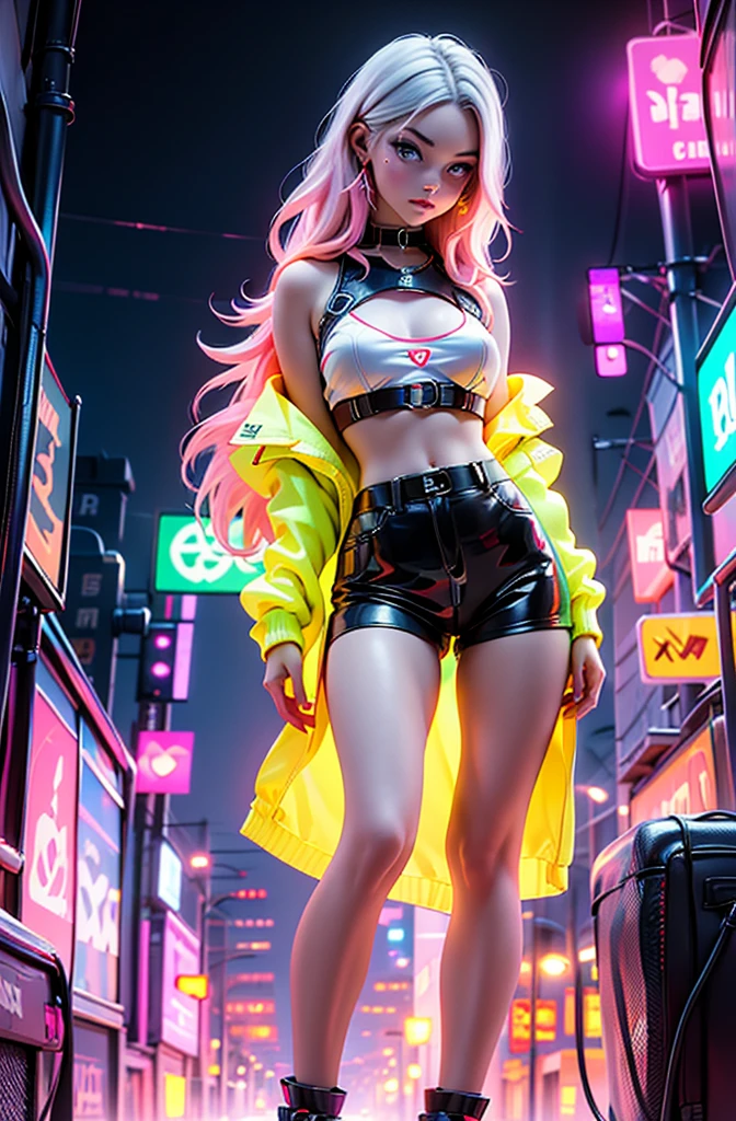 Centered, symmetrical, official art, unity 8k wallpaper, ultra detailed, beautiful and aesthetic, masterpiece, best quality, Amazing woman, neon colors, neon lights, cyberpunk alley, night street