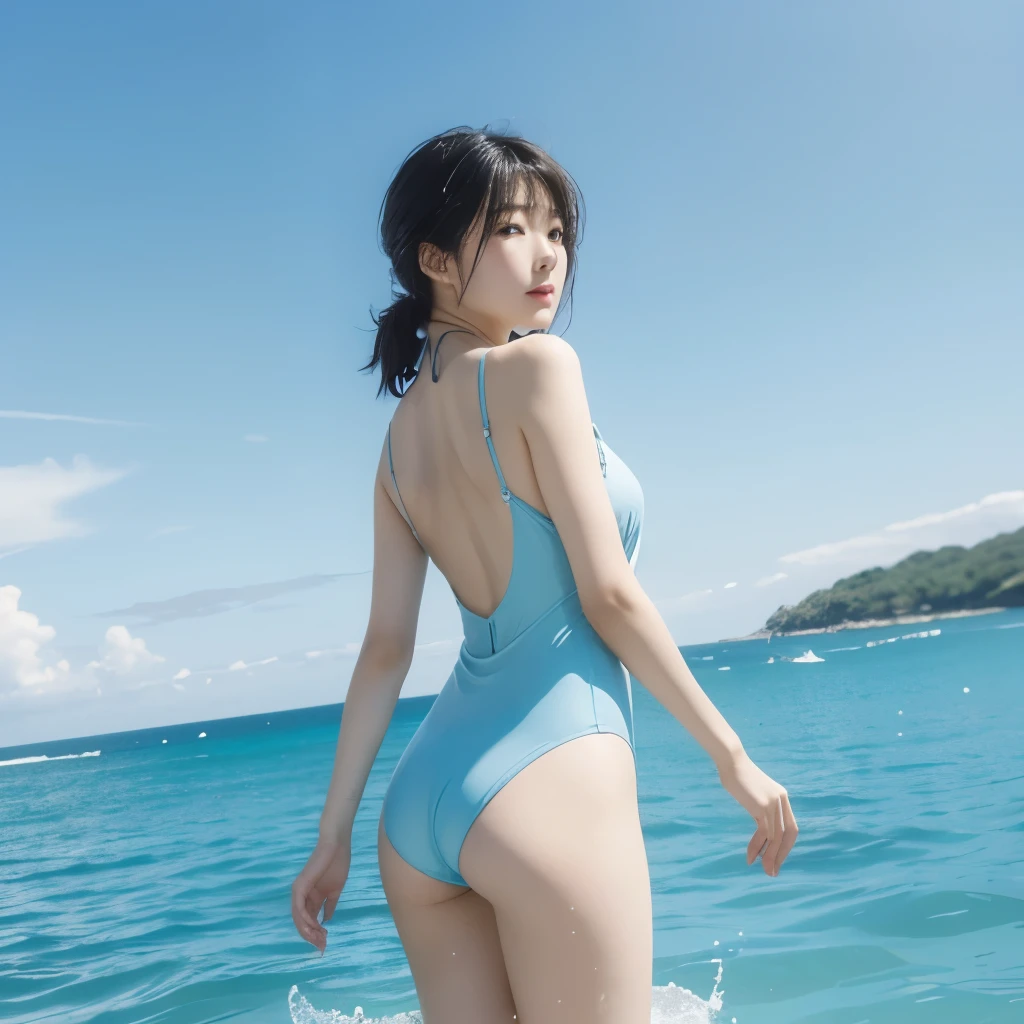 (masterpiece、Highest quality、Highest quality、)、A cute Japanese girl in her twenties、On a private beach、Wearing a one-piece swimsuit、Standing in the shallows of the ocean、Photo of someone looking back at you。Her figure is only small in the picture。Her figure is about half the height of the image.。They are so excited and excited.。The swimsuit is light blue。She's more cute than sexy.。The style is nice though、Not skinny。Normal body type girl。My face is still young、The expression is also very cute。Make the beach in the background beautiful。Artistic photography。