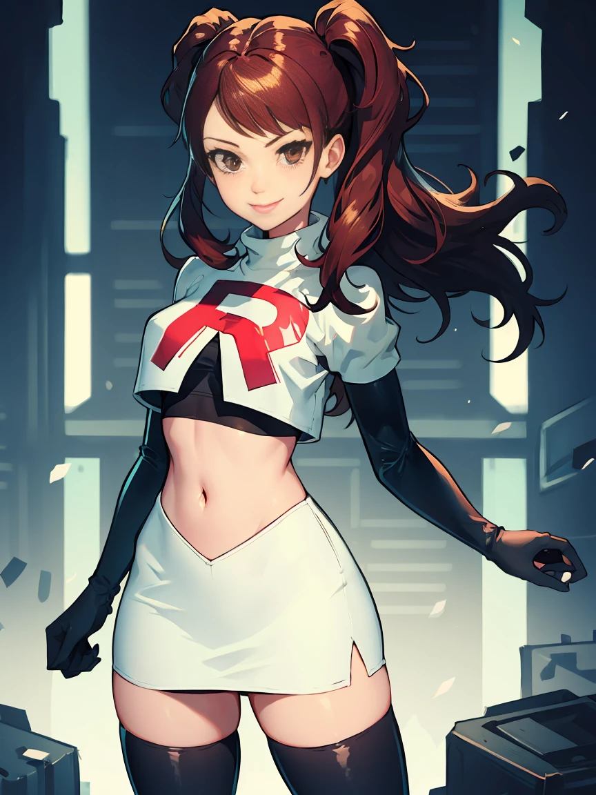 Rise Kujikawa (Persona) ,glossy lips ,team rocket uniform, red letter R, white skirt,white crop top,black thigh-high boots, black elbow gloves, evil smile, looking at viewer, cowboy shot