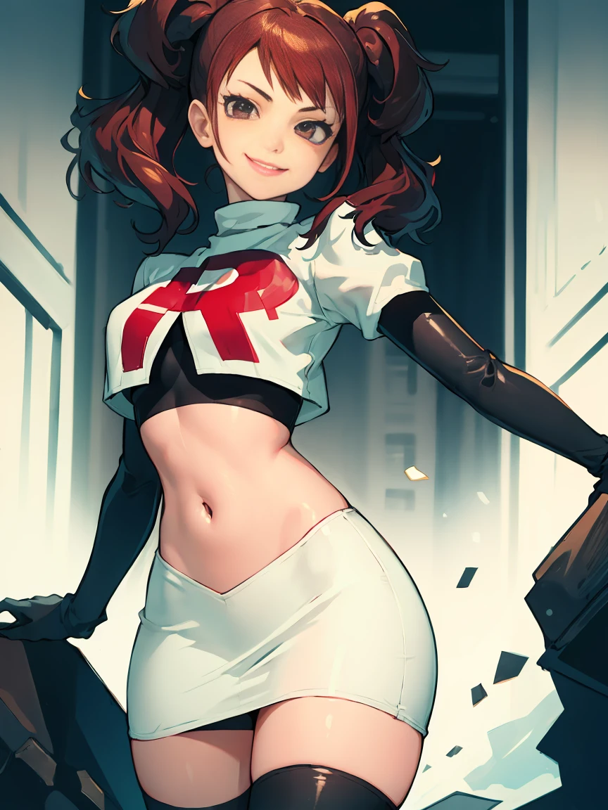 Rise Kujikawa (Persona) ,glossy lips ,team rocket uniform, red letter R, white skirt,white crop top,black thigh-high boots, black elbow gloves, evil smile, looking at viewer, cowboy shot