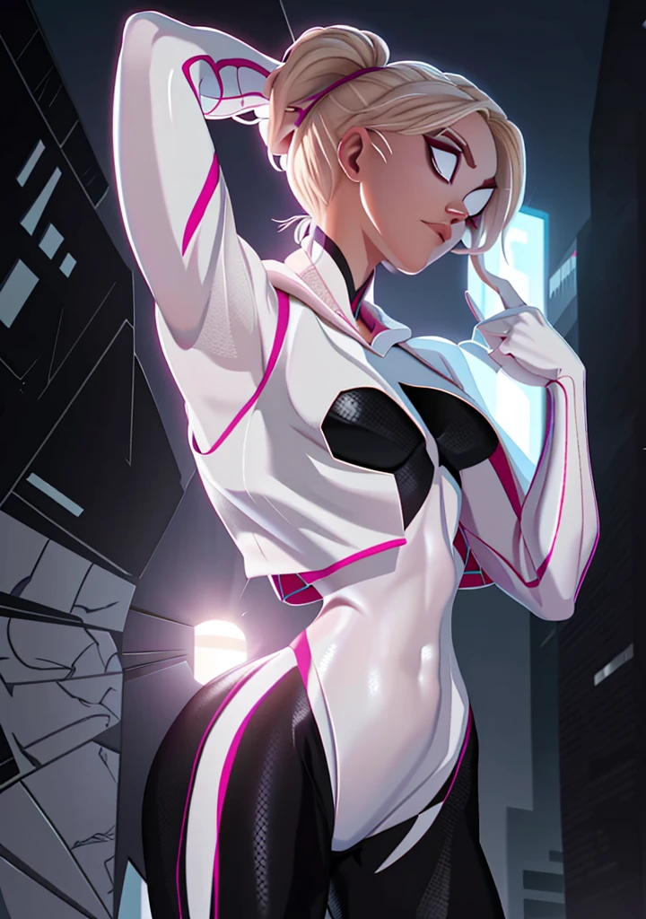 18yo SpiderGwen,White Spider-Man suit,short and wavy hair,blondehair,beautifulface,hoodie, action pose, lluvia,teto,The Masterpiece,exquisite detailing,Perfect anatomy,(huge muscles), best qulity,ultra-highresolution,4k
