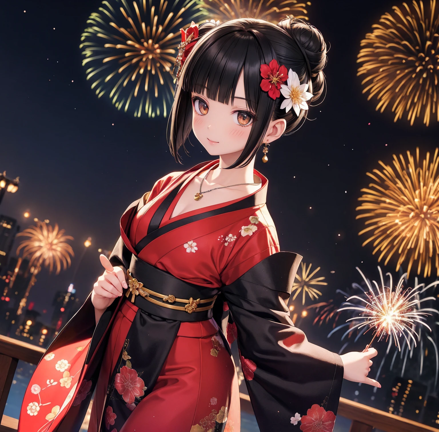 1 person、Gorgeous Kimono、,Race,Black Hair、Short bun hair、hair ornaments、necklace、return、Anatomically correct,Fireworks in the night sky、