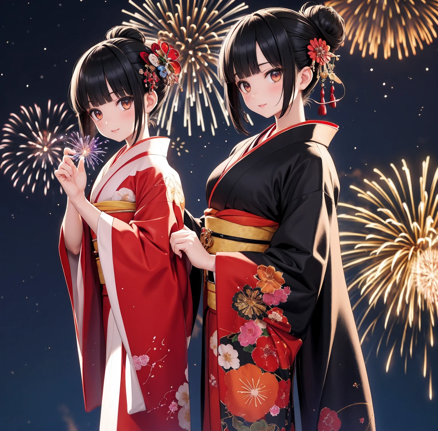 1 person、Gorgeous Kimono、,Race,Black Hair、Short bun hair、hair ornaments、necklace、return、Anatomically correct,Fireworks in the night sky、