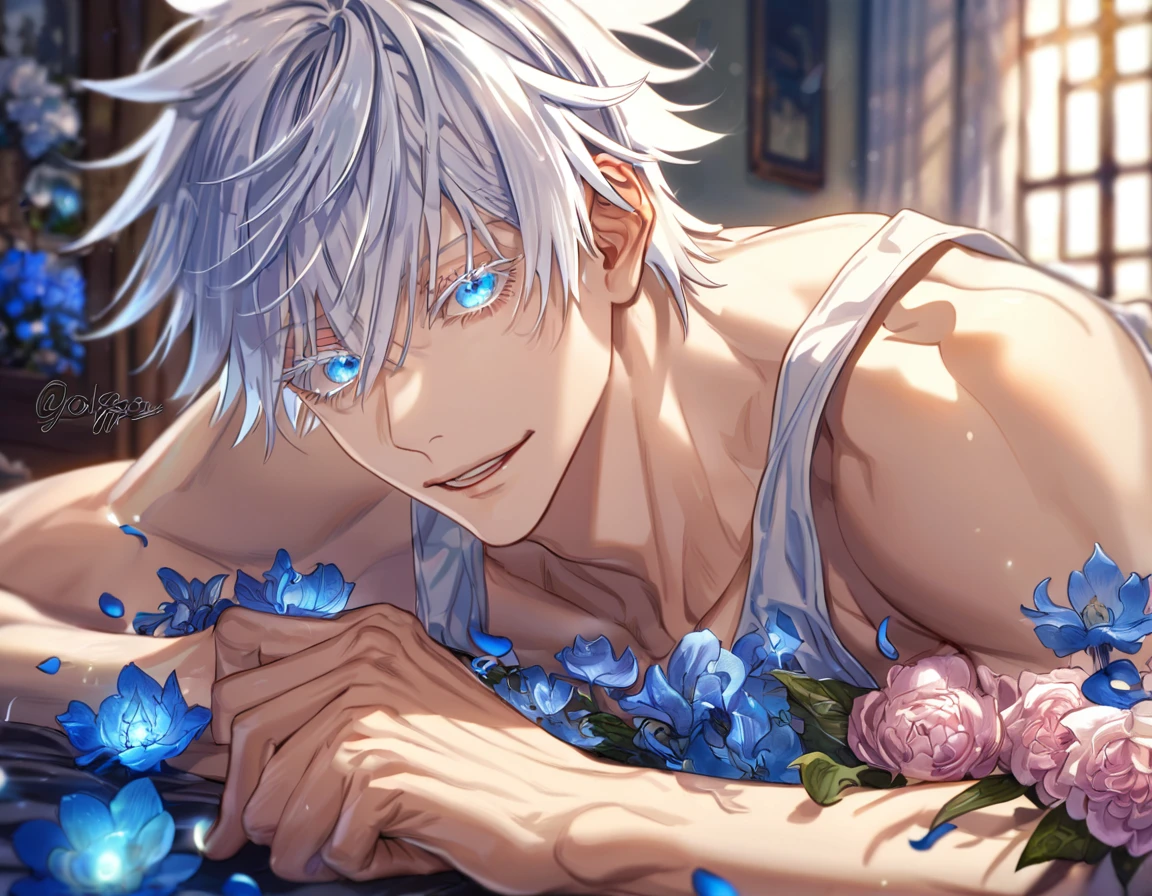 absurdres, highres, ultra detailed, HDR, master piece, Gojou Satoru, white hair with bangs, white eyelashes, expressive blue eyes, hair between the eyes, white tank top, toned chest, Jujutsu Kaisen, sexy man, room, handsome, best quality, flowers, fantasy, magical, solo, blue shining fireflies, blue petals, handsome smile, horny, sensual, wink