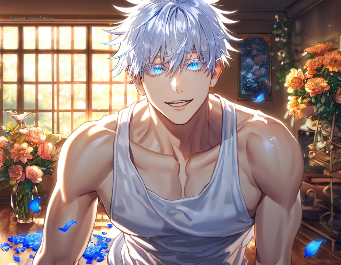 absurdres, highres, ultra detailed, HDR, master piece, Gojou Satoru, white hair with bangs, white eyelashes, expressive blue eyes, hair between the eyes, white tank top, toned chest, Jujutsu Kaisen, sexy man, room, handsome, best quality, flowers, fantasy, magical, solo, blue shining fireflies, blue petals, handsome smile, horny, sensual, wink