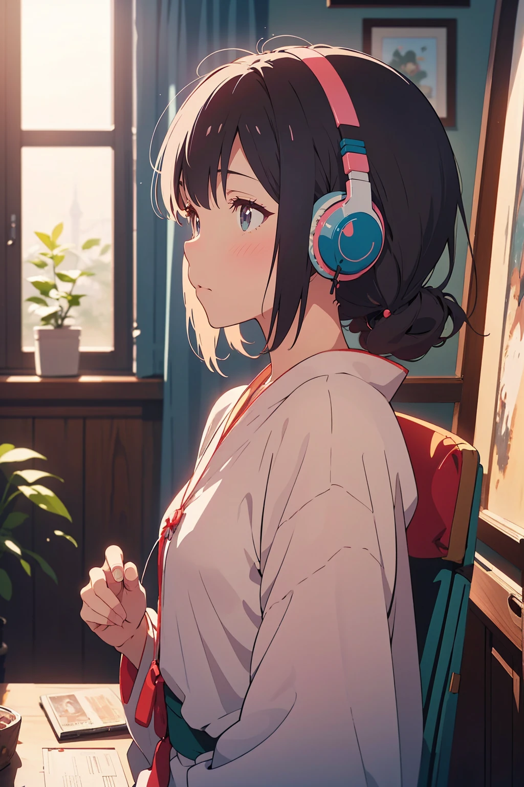 Anime style, (dreamlikeart), (soft focus), cozy room setting, girl with headphones, [(Lofi beats:1.3)|ambient music], (anime art), [(cherry blossoms|bookshelf:0.5)], [reflective surface:0.8], [(pastel colors:1.2)|subdued tones], [(attention to details:1.1)], [illustration:0.7], [(Studio Ghibli style:1.4)], (anime character design), [window light], [(subtle shadows:0.9)], [(subdued atmosphere:1.2)|calm ambiance], [(trending on Pixiv:1.2)], [(anime community approved:1.1)], [(Anime Expo:1.3)], [ethereal glow], [(focus on eyes:1.1)], [(character illustration:0.8)], [(soft artstyle)], [(nostalgic feeling:1.2)], [(character sitting:0.7)], [(artistic details:1.1)], [(melancholic mood:1.3)], [(attention to clothing details:1.2)], [(hair flow:1.1)], [(unique headphones design:1.2)], [(vivid background elements:1.1)], [(anime genre:lofi:1.4)], [(trending on DeviantArt:1.1)], [(inspired by Makoto Shinkai:1.2)], [(cyberpunk infusion:0.9)], [(rainy day vibe:1.2)], [(subtle bokeh:1.1)], [(anime girl pose:0.9)], [(artistic expression:1.2)], [(harmony in color palette:1.1)], [(wistful mood:1.2)], [(detailed room decor:1.1)], [(trending on ArtStation:1.1)], [(illustration challenge entry:1.3)] , 1girl