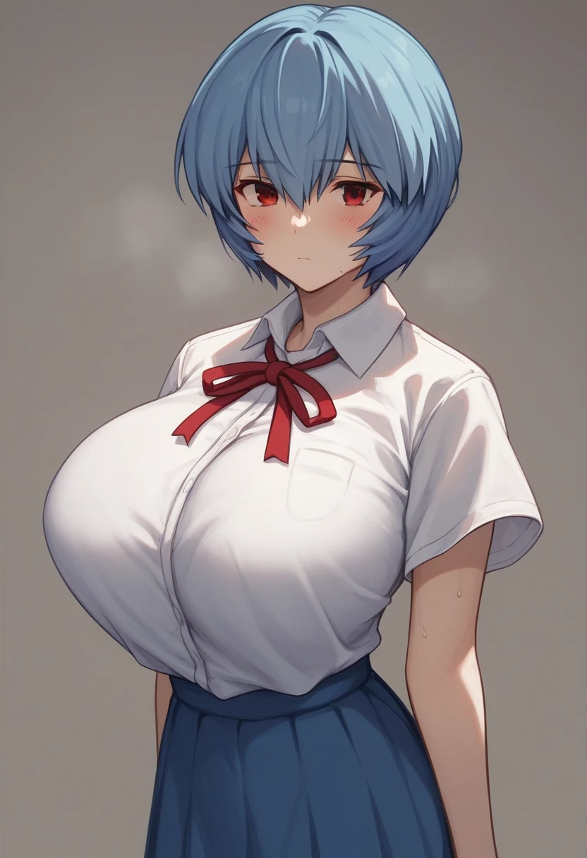 Huge breasts、blush、Sweat、In the heat、Rei Ayanami, Ayanami Rei, blue hair, short hair, red eyes,
skirt, shirt, ribbon, , white shirt, short sleeves, red ribbon, neck ribbon, tokyo-3 middle ,
、Expressionless、
{Highest quality}, {so beautiful}, {Very detailed}, {Best illustrations},Life、slim:1.5、