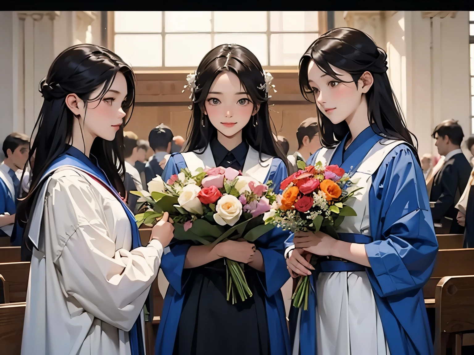 Five people standing together holding bouquets, Graduation photo,  Xueyou, Wear your degree uniform, university student, Photo taken in 2023, happy 、