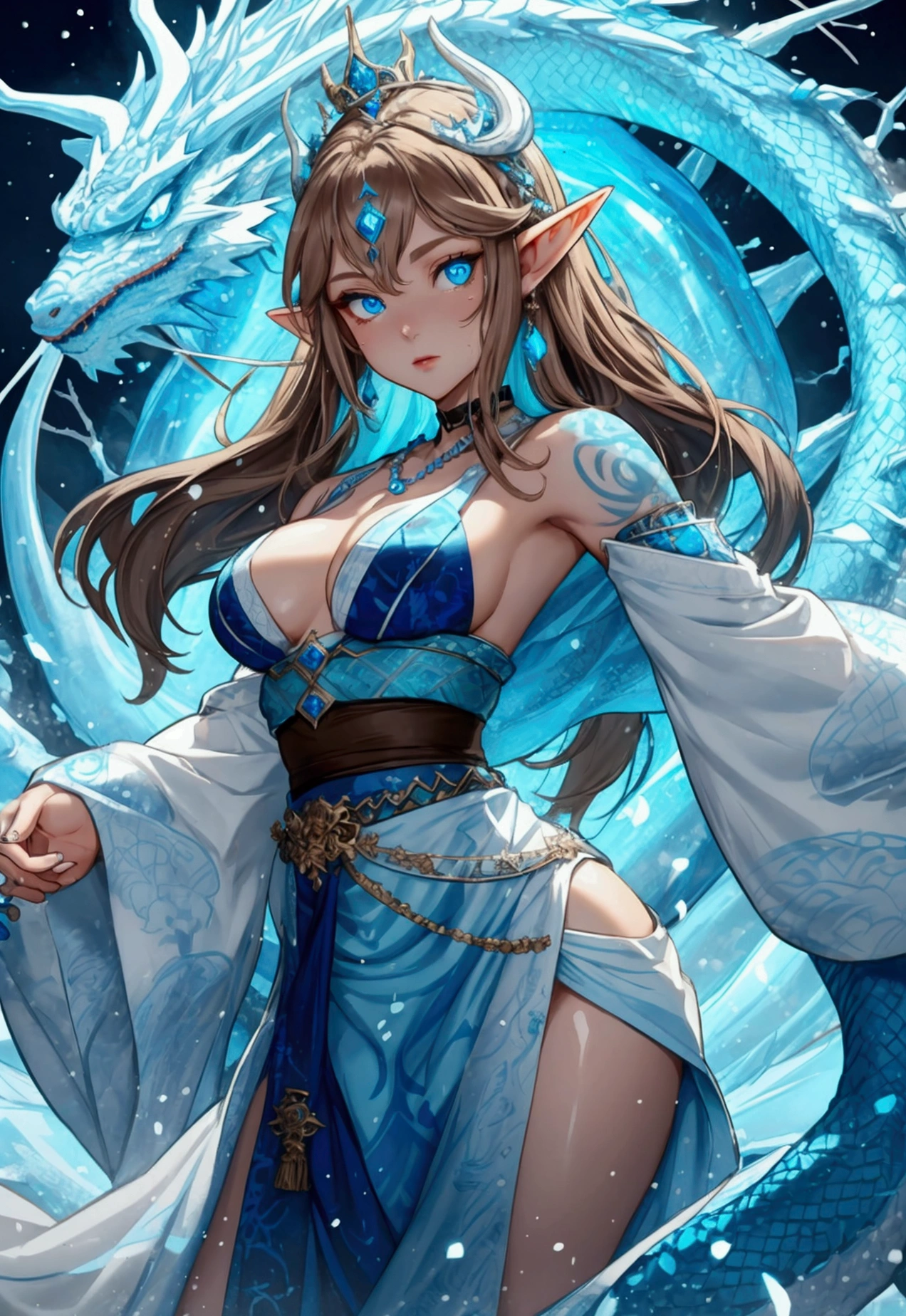 A very kind girl. She has light brown hair, icy blue eyes, she is wearing white blue and brown Japanese clothing, she is an icy dragon. She is the dragon of ice, she is wearing lots of jewelry. Necklaces, breaches, waist beads, hip beads, crowns, head necklace. Her skin is like snow, she is paper white, she has elf ears. She controls the ice and snow ruthlessly. Her skin has blue in it and kinda looks like she’s always freezing. Her eyes glow a hue of blue, and literally glow. She has tattoos and markings on her body that glow as well. Her hair has streaks of white and blue in it.