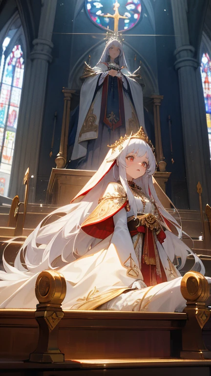 In front of the altar of a majestic church、casting judgement with her magic, her voice echoing beautifully as she chants. Magic gathers, enveloping her in a holy aura, girl with long silver hair, Classic White Wedding Dresses、ceremonial robes, mass vestments, long white embroidered gloves, enormous puffy sleeves, long cuffs with many buttons, golden embroidery, cross details, Long Train, lots of frills and lace, red cape
