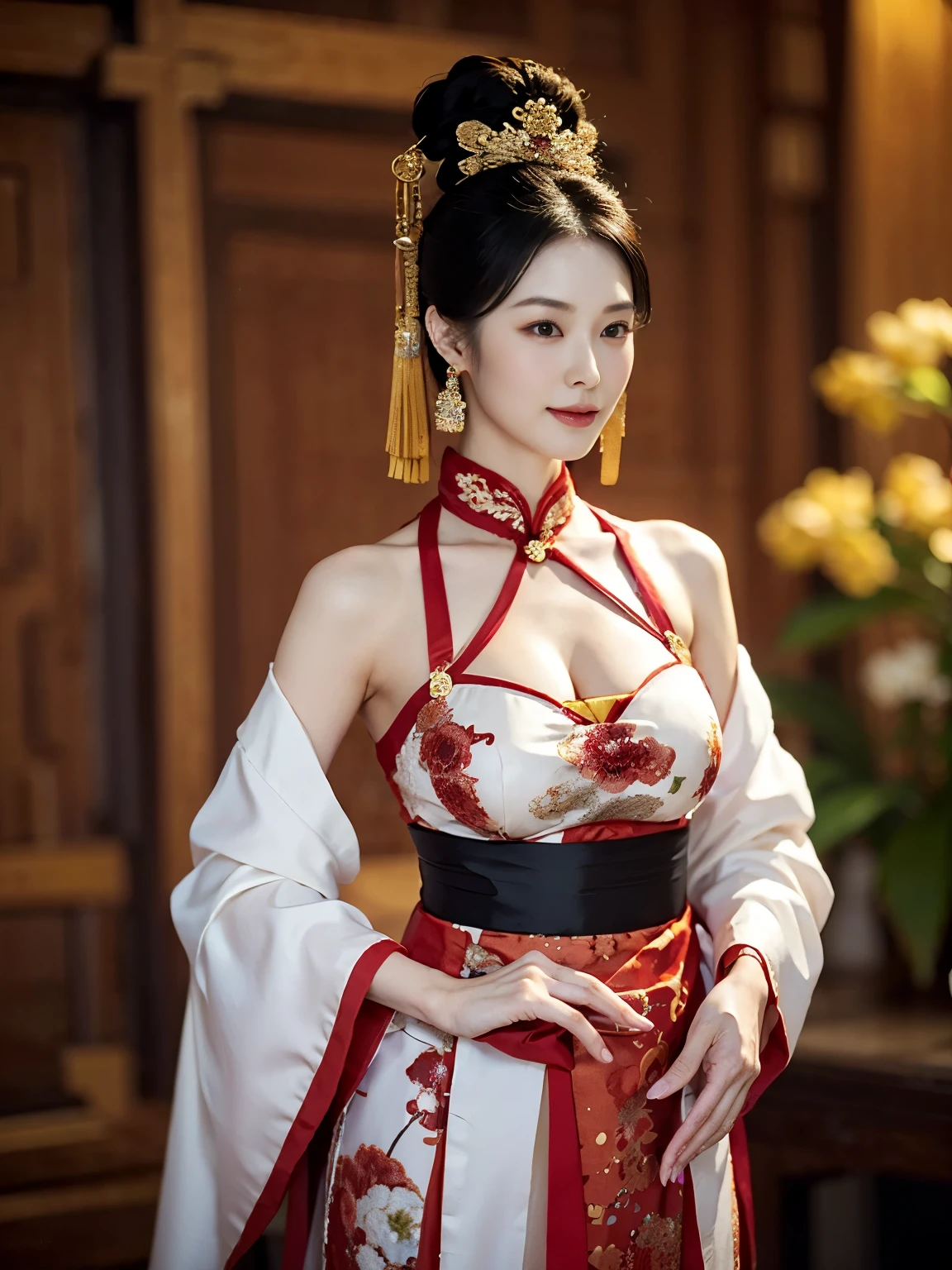 Front view, standing pose, looking at viewer, Chinese, 30 years-old, One of the three most beautiful women in the Chinese, A beauty known all over the world, (light Black hair, beautiful lip, smile, earring ), (big breasts, slender whist, wide hip ) ,(Silk Chinese clothing ,background wear color is white, Royal clothing, Chinese shoes ), in Chinese haven, (masterpiece, highest quality, High resolution, Photo realistic, sharp, RAW Photos, 8k wallpaper, perfection, Professional Lighting, Very detailed)