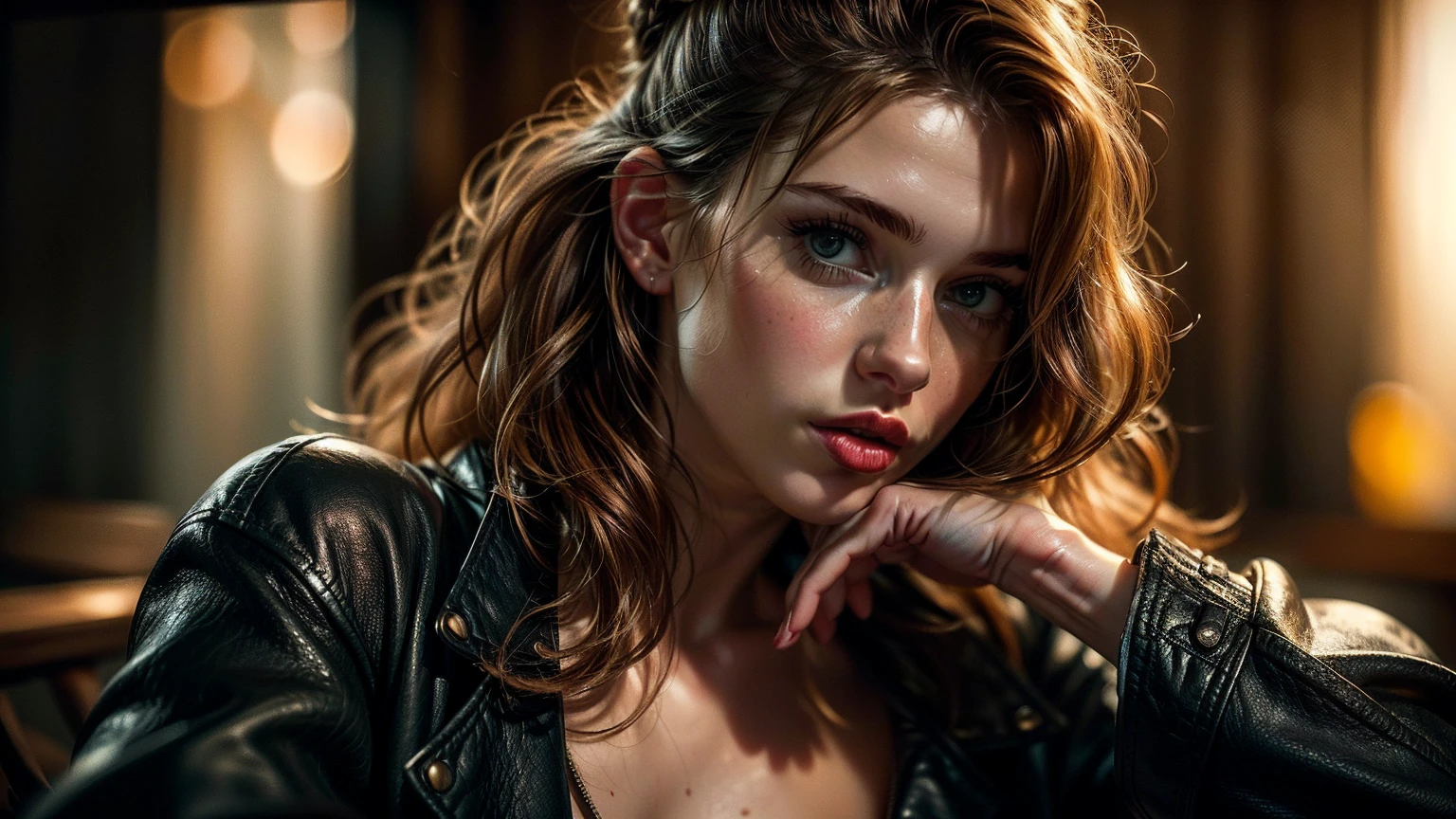 (((ultra realistic))) Photo, masterpiece, top quality, (pale skin), (Ultra detailed face and eyes:1.3), 1 girl, Adult, In Lifchik, ((Eye makeup, pink mascara)), ((large detailed lips)), ((pink wavy hair)), ((Stylish hairstyle)) , (Natural breasts), Slim waist. ((Posing, Hand on face)), photoshoot, Studio soft lighting, (The play of light and shadows), depth of field, bokeh, (special attention to skin detail: 1.2), Detailed leather texture, skin pores. (Warm atmosphere of the frame. color scheme - black, Yellow, Tones), ((Grunge style)) , UDR, ((Film grain)), ((rays)), (Glare), ((waist up portrait, close to the camera)) , ultra detailed, perfecteyes, priestess clothes