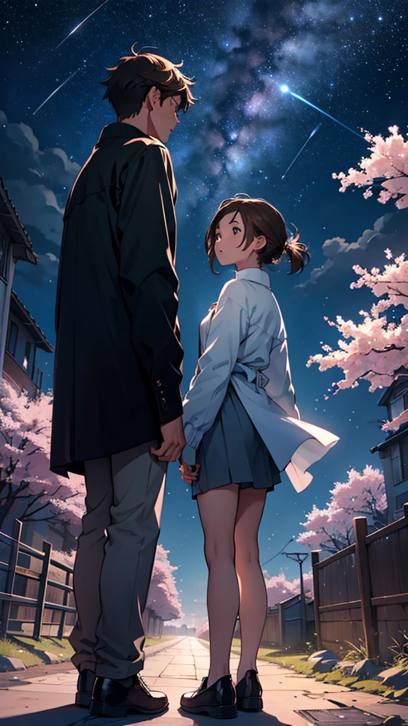 a girl and a boy watching the stars, Side by side, city at night、the sky is wonderful、meteor, Brown hair、back view、The city is illuminated with streetlights、of the highest quality、animated landscape、Xin Haichen、building、field、Milky Way 110207，（zoom out：1.1），（meteor：1.2）、（comet：1.1，Your name、low angle、from behind、ALLOWED、Shooting Star、Cherry blossoms、Standing in the field、of the highest quality、masterpiece、cloud、showy、starry sky、performer、