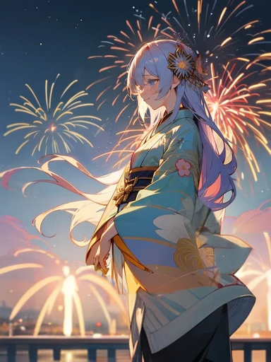 Short Hair,blue eyes,firework,Blue yukata