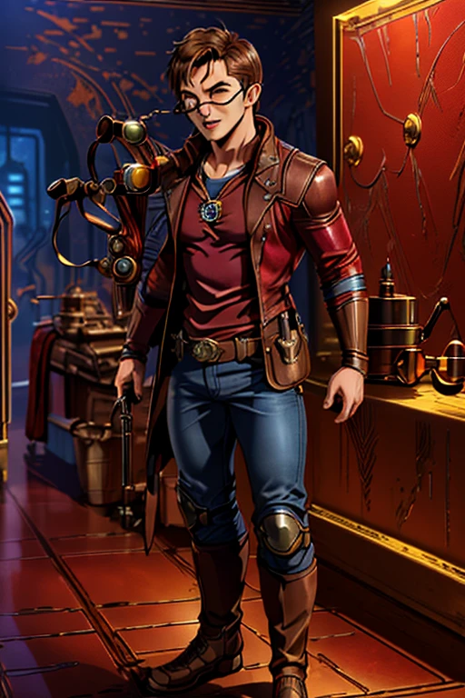 (photorealistic), (dramatic), (fantasy render), concept art, (full torso), (3/4 view:1.17), Star Lord steampunk style, ((Peter Quill|Chris Pratt)), brass:0.9, metals, gears, intricate, weathered, (red leathers:1.33), ((red lens spectacles:1.35)), realistic, volumetric lighting, simple background, masterpiece, centered