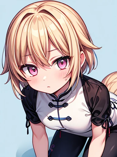 Wuxia,{{{BOY}}}, otokonoko, adorable face, shota, male, white skin, pink eyes, thicc thighs, short beautiful blonde hair,wearing a very long white chinese dress with blue pattern, black leggings, close up,blue background