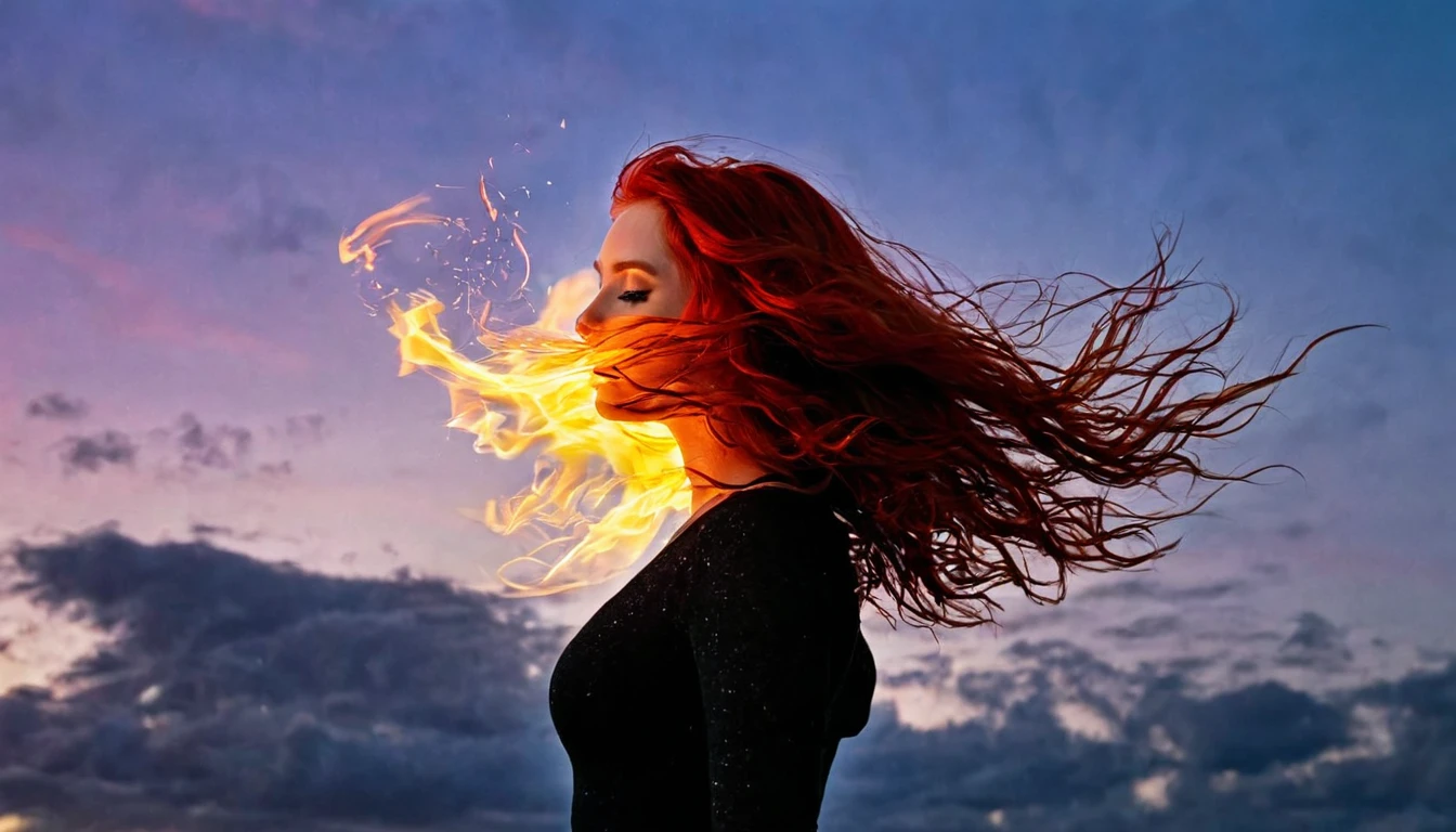 a photograph of a redhead woman with windswept tresses, her hair entangled like flames against a twilight sky, emanating untamed beauty