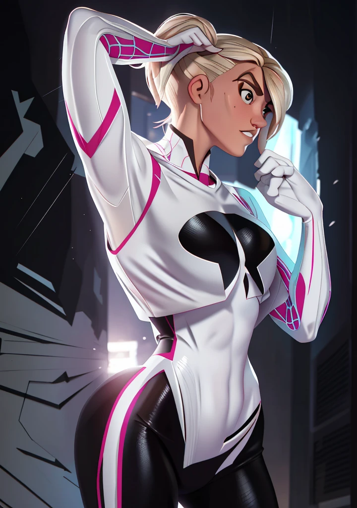 18yo SpiderGwen，White Spider-Man suit，short and wavy hair，blondehair，beautifulface，hoodie, action pose, lluvia，teto，The Masterpiece，exquisite detailing，Perfect anatomy，(huge muscles), best qulity，ultra-highresolution，4k