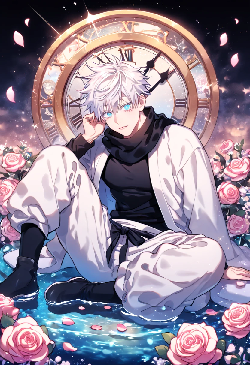 absurdres, highres, ultra detailed, HDR, masterpiece, extremely detailed, Gojou Satoru, white hair, expressive blue eyes, white eyelashes, Jujutsu Kaisen, solo, sexy man sitting, handsome, sensual, horny, black scarf, white haori, black tight T-shirt, white baggy pants, water, magical, fantasy, glittering, shining, pink roses, blossoms, petals, in woderland, clock