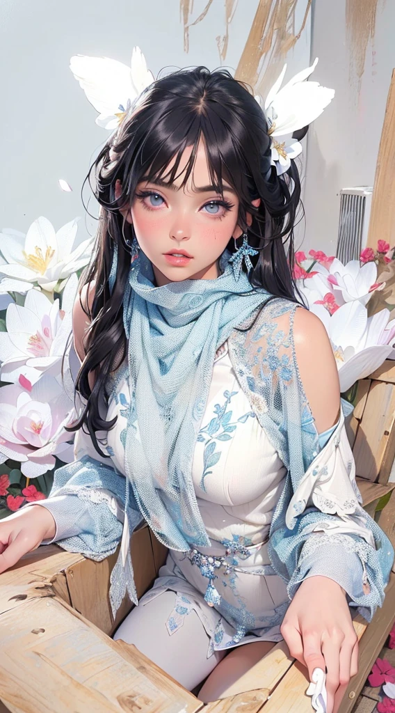 a girl, flowers, (beautiful detailed eyes:1.1), (beautiful detailed lips:1.1), (extremely detailed eyes and face:1.1), long eyelashes, (oil painting:1.2), colorful garden, vibrant petals, (best quality, 4k, 8k, highres, masterpiece:1.2), ultra-detailed, (realistic, photorealistic, photo-realistic:1.37), vivid colors, soft lighting, peaceful ambiance