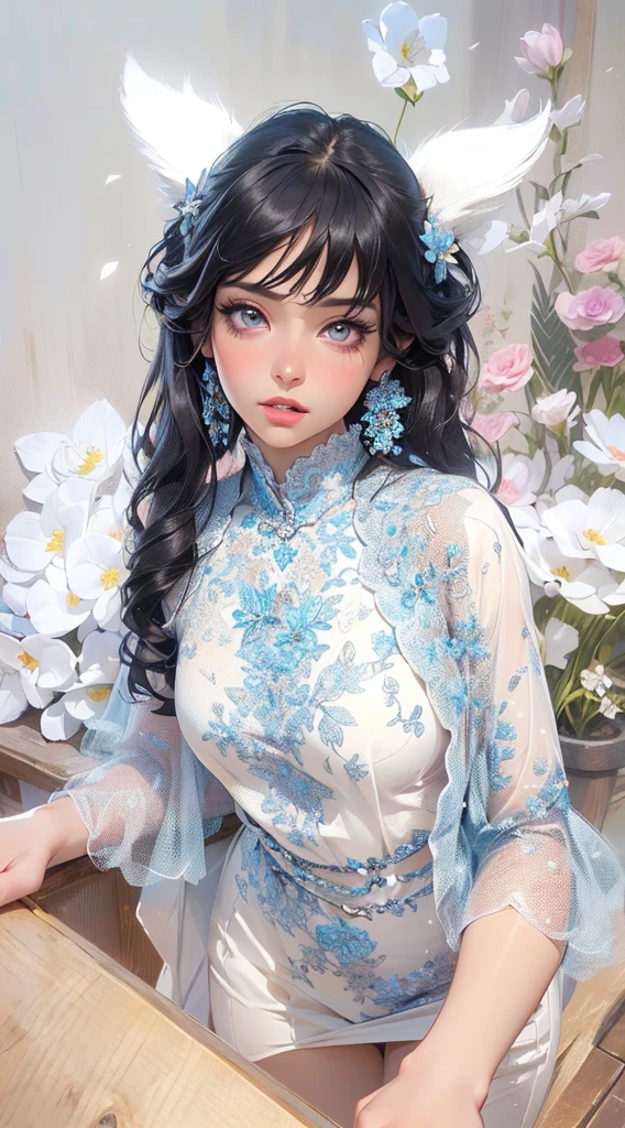a girl, flowers, (beautiful detailed eyes:1.1), (beautiful detailed lips:1.1), (extremely detailed eyes and face:1.1), long eyelashes, (oil painting:1.2), colorful garden, vibrant petals, (best quality, 4k, 8k, highres, masterpiece:1.2), ultra-detailed, (realistic, photorealistic, photo-realistic:1.37), vivid colors, soft lighting, peaceful ambiance
