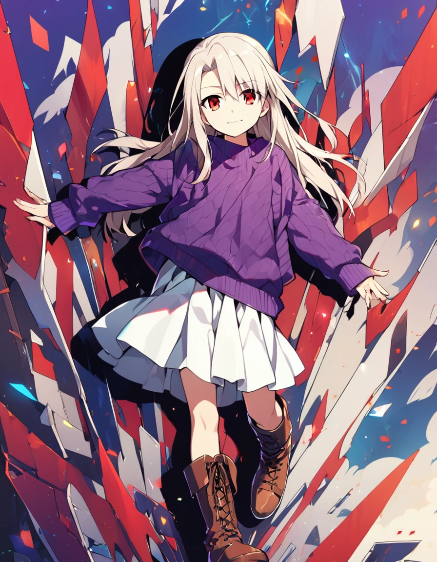 1girl(fate stay night, Illyasviel von Einzbern, cool, white long hair, red eyes, purple sweater, white skirt, leather boots, free hands, light smile)