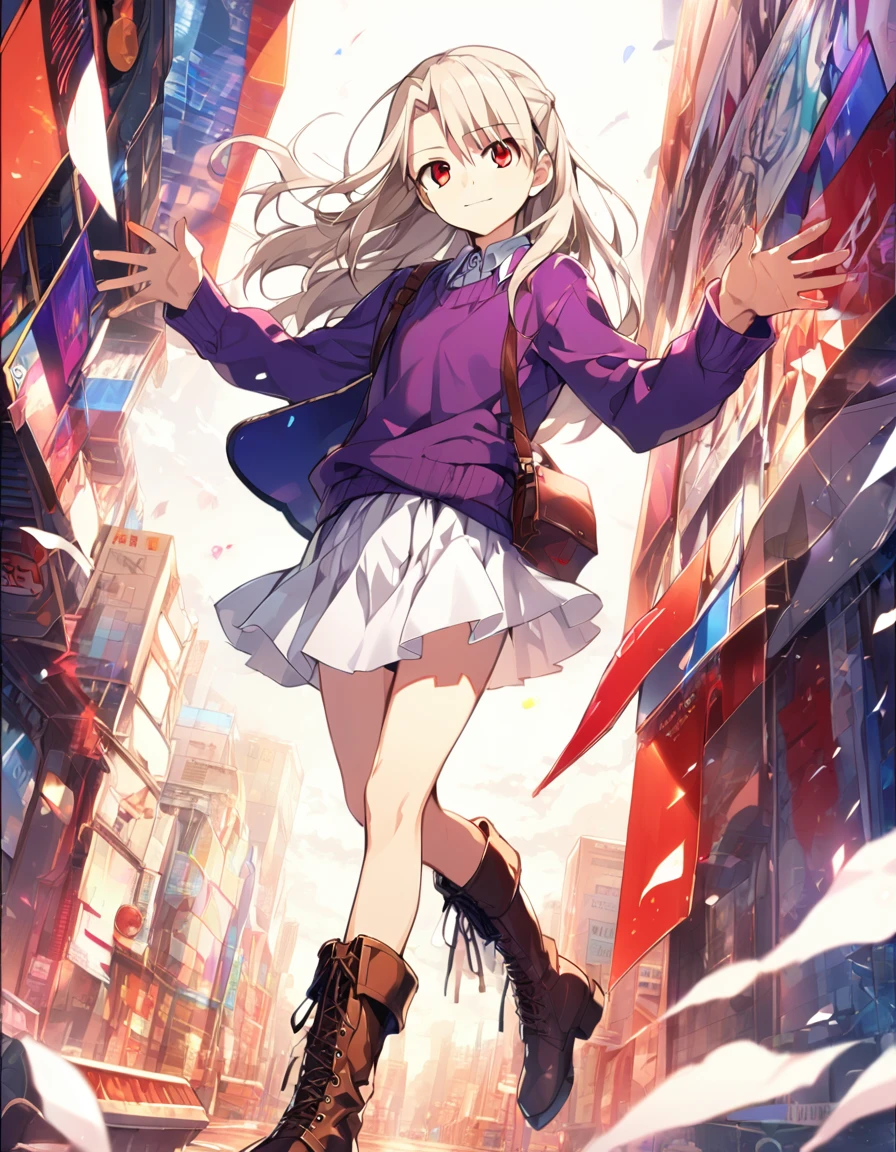 1girl(fate stay night, Illyasviel von Einzbern, cool, white long hair, red eyes, purple sweater, white skirt, leather boots, free hands, light smile)