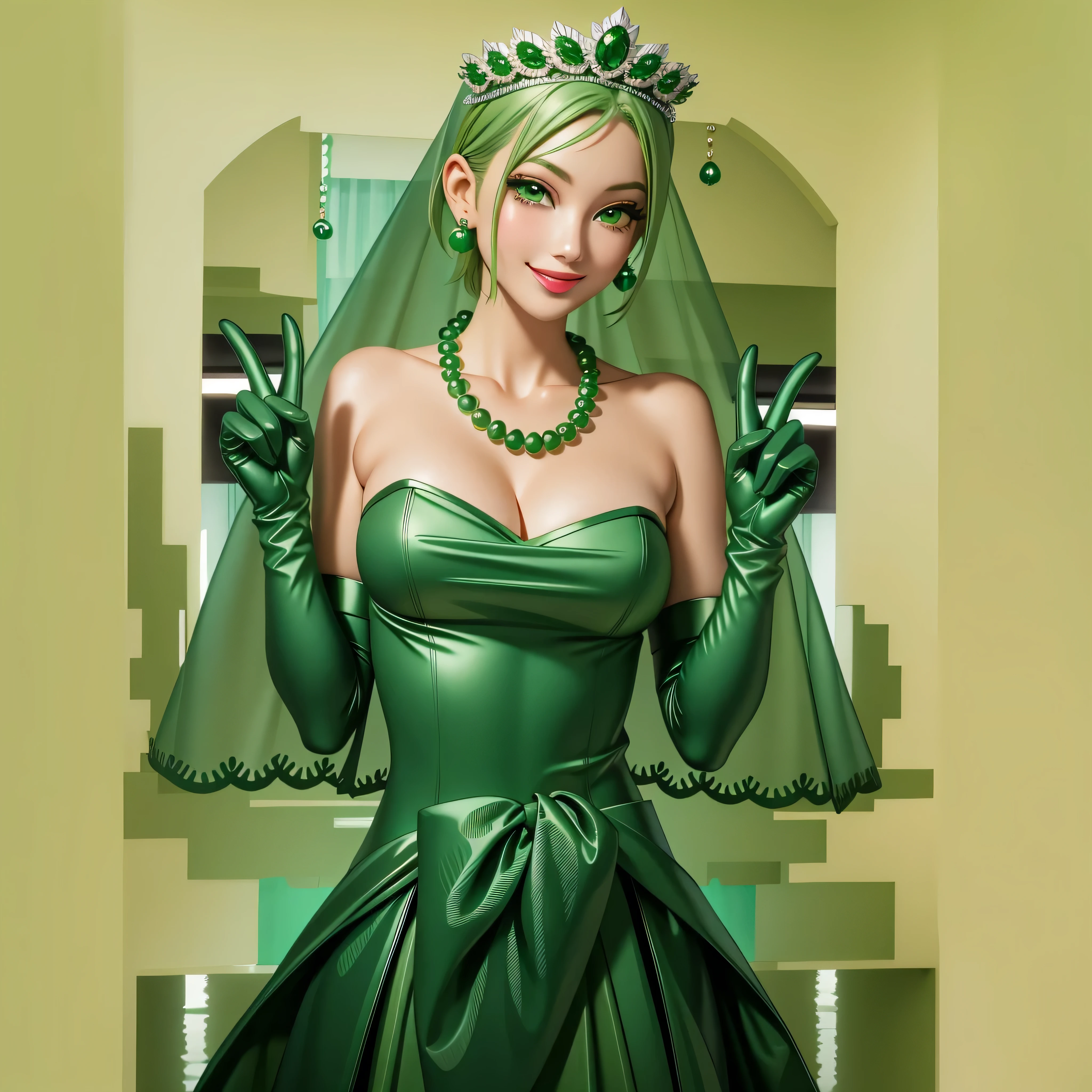 Emerald tiara, Green Pearl Necklace, Boyish very short green hair, Green Lips, Smiling Japanese woman, Very short hair, Busty beautiful lady, Green Eyes, Green satin long gloves, Green Eyes, Emerald Earrings, Green veil, all, Green Hair, Beautiful Japanese Women, green lip gloss