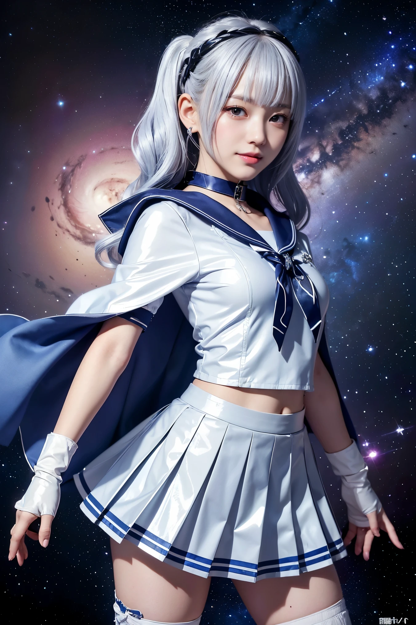 (((Silver colored hair)))、(((A Japanese girl wearing a shiny short-sleeved sailor uniform with elbow gloves and a cloak over it.))),(((smile)))、(((Silver latex sailor collar)))、(((Silver latex pleated skirt)))、choker、Earrings、ribbon、((belly button))、 (((Sailor Warrior Uniforms)))、Beautiful ornaments: 美しいPerfect Face, Soft Skin、Perfect Face, Intricate details, Splash screen, 8k resolution, masterpiece, Cute Face、(((Space Background)))、Queen of Queenasterpiece, Highest quality, Highest quality, Official Art, Beauty and aesthetics: 1.2), (One girl: 1.3)