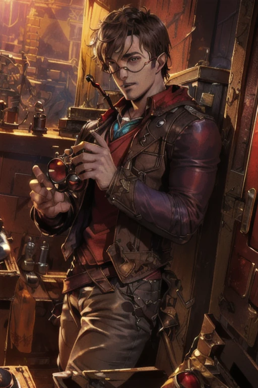 (photorealistic), (dramatic), (fantasy render), concept art, (full torso), (3/4 view:1.17), Star Lord steampunk style, ((Peter Quill|Chris Pratt)), brass:0.9, metals, gears, intricate, weathered, (red leathers:1.33), ((red lens spectacles:1.35)), realistic, volumetric lighting, simple background, masterpiece, centered