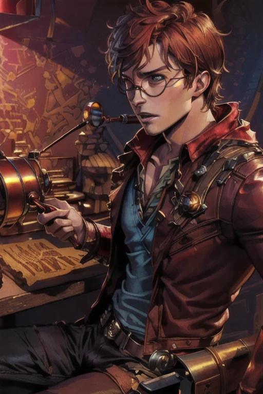 (photorealistic), (dramatic), (fantasy render), concept art, (full torso), (3/4 view:1.17), Star Lord steampunk style, ((Peter Quill|Chris Pratt)), brass:0.9, metals, gears, intricate, weathered, (red leathers:1.33), ((red lens spectacles:1.35)), realistic, volumetric lighting, simple background, masterpiece, centered