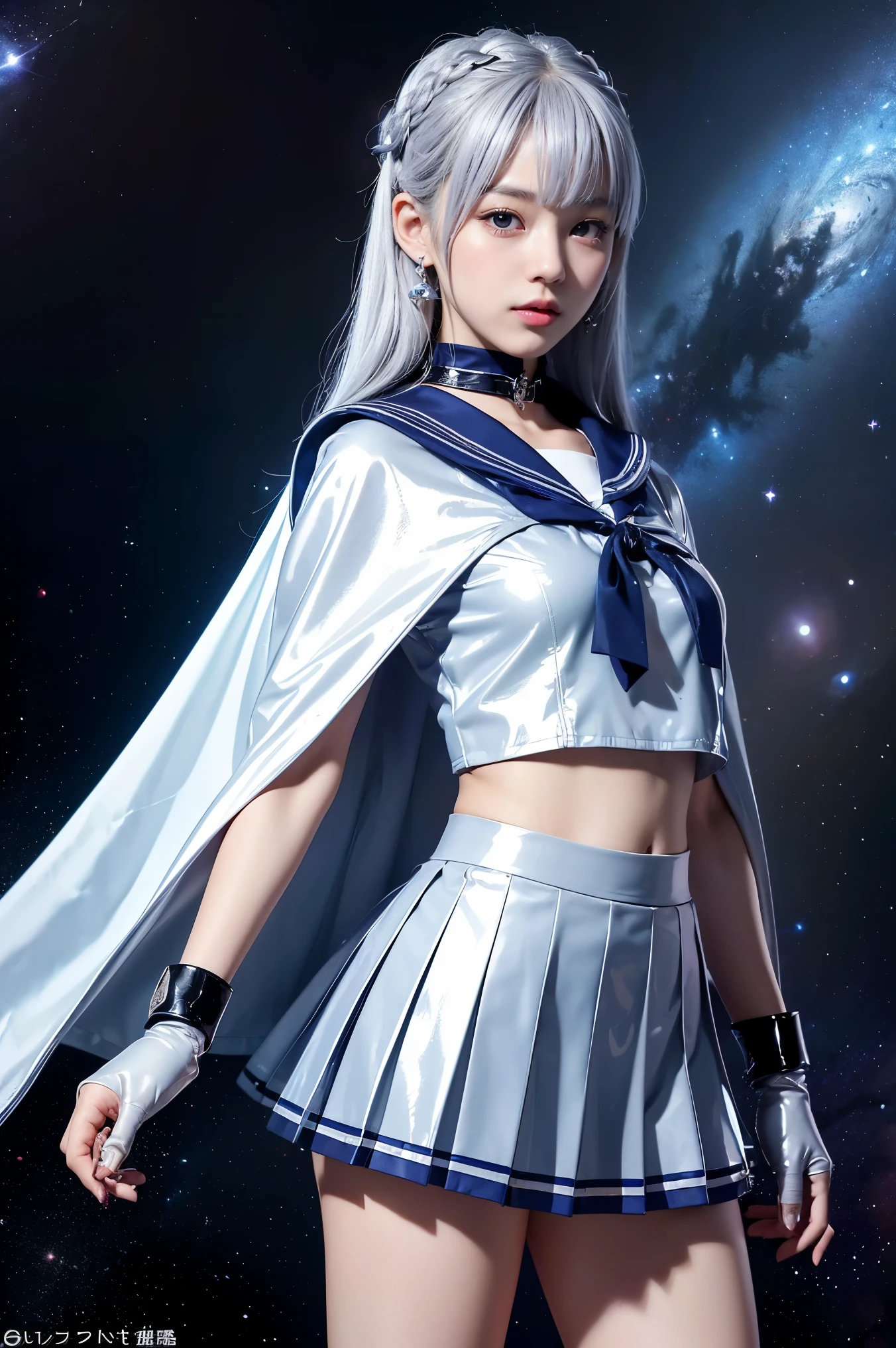 (((Silver colored hair)))、(((A Japanese girl wearing a shiny short-sleeved sailor uniform with elbow gloves and a cloak over it.))),(((Silver latex sailor collar)))、(((Silver latex pleated skirt)))、choker、Earrings、ribbon、((belly button))、 (((Sailor Warrior Uniforms)))、Beautiful ornaments: 美しいPerfect Face, Soft Skin、Perfect Face,smile, Intricate details, Splash screen, 8k resolution, masterpiece, Cute Face、(((Space Background)))、Queen of Queenasterpiece, Highest quality, Highest quality, Official Art, Beauty and aesthetics: 1.2), (One girl: 1.3)