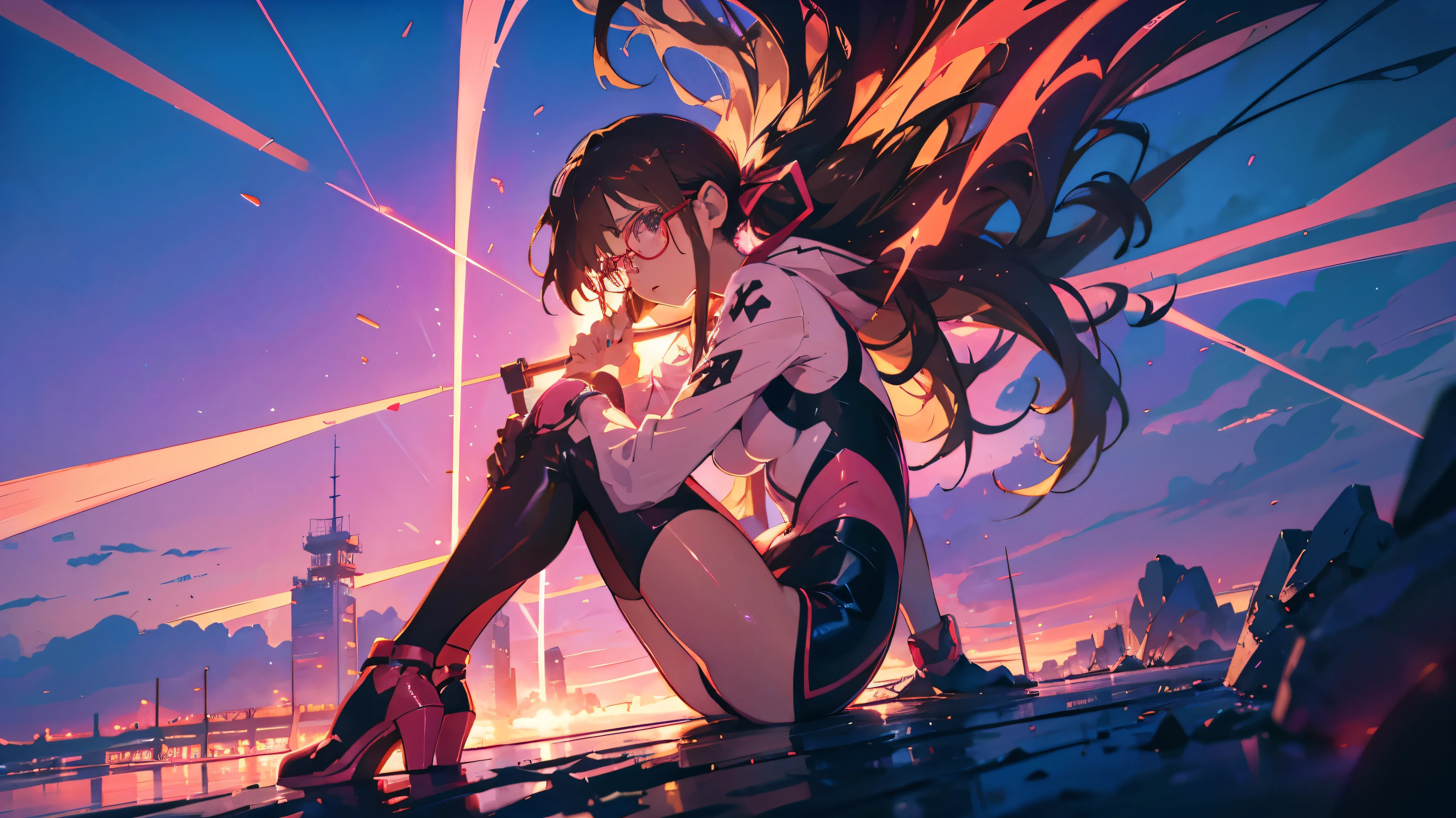 Makinami, A cartoon girl in pink and black clothes is sitting on the ground, Gainax Anime Style, Anime characters; Full Body Art, female Anime characters, body and soul! Asuka Suit, Asuka Suit under clothes!, This character has the ability to freeze., cel - shaded art style, Anime characters, Streamlined pink armor, Gordon Freeman as a Woman, low twintails, brown hair, Red frame glasses, Surrealism, cinematic lighting, UHD, high details, best quality, highres, 8k