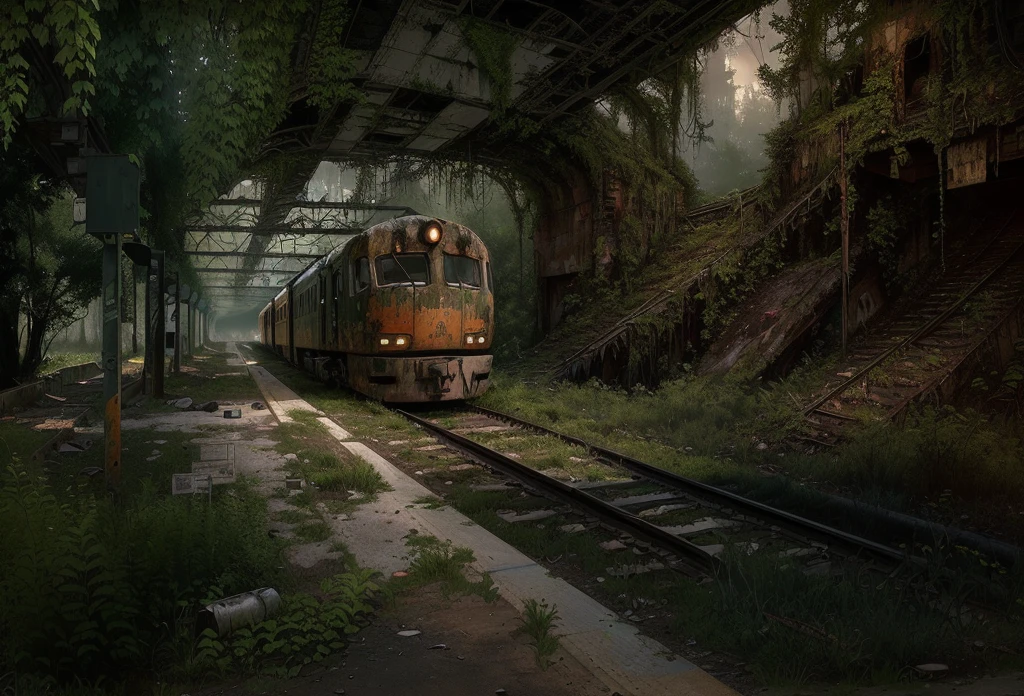 There is a train running under a bridge in the woods, abandoned railroad, an abandoned rusted train, abandoned railroads, Overgrown environment, Overgrown place, Post-apocalyptic atmosphere, an Overgrown, Overgrown, vegetation inspiration, Overgrown city, abandoned, Realistic dark concept art, dieselpunk train station, post apocalyptic scene, Post-End Day Setting