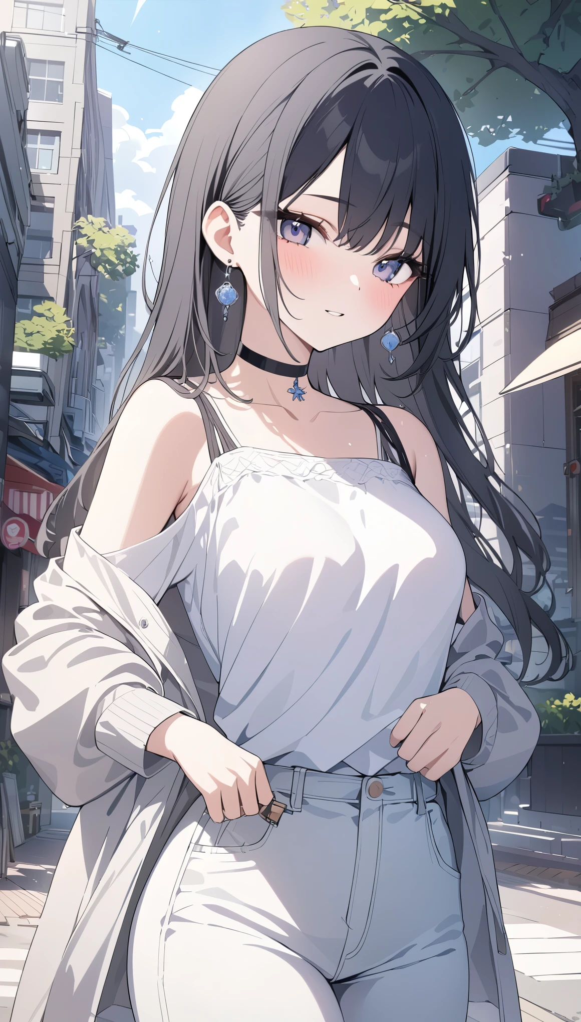 best quality, super_delicate, ultra detailed, beautiful, 8k , 1girl, black hair, casual clothes, earrings, choker, outdoor, bright