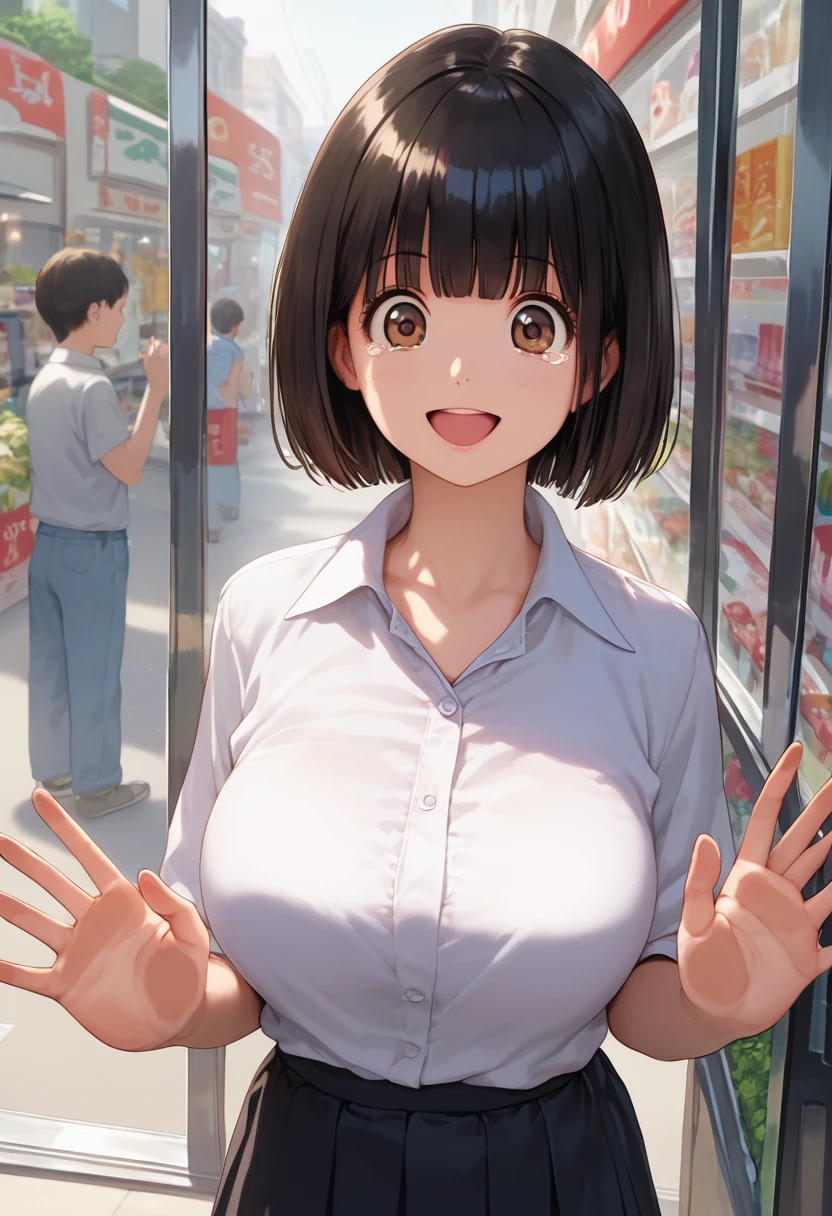 score_9,score_8_up,score_7_up,masterpiece,best quality, source anime, realistic, super detailed, extreme detailed, rating_safe,
1girl, standing, hands on glass, upper body,  
BREAK girl, 22yo, short hair, bob cut, (blunt bangs), black hair, (tareme, detailed cute brown eyes), curled eyelashes, (large breasts:0.9),
shiny hair, beautiful detailed eyes, beautiful face,
white collared shirt, black tight mini skirt, 
surprised eyes, open mouth, tears, frown, happy, smile,
outdoors, street, window-shopping,